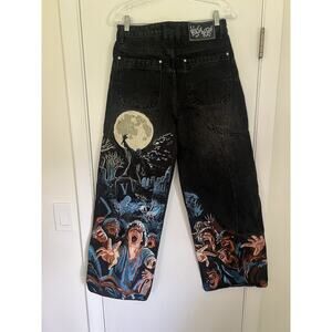 Rare Denim Graveyard Embroidery Pants Vescartes Baggy Jeans Small Goth Spooky